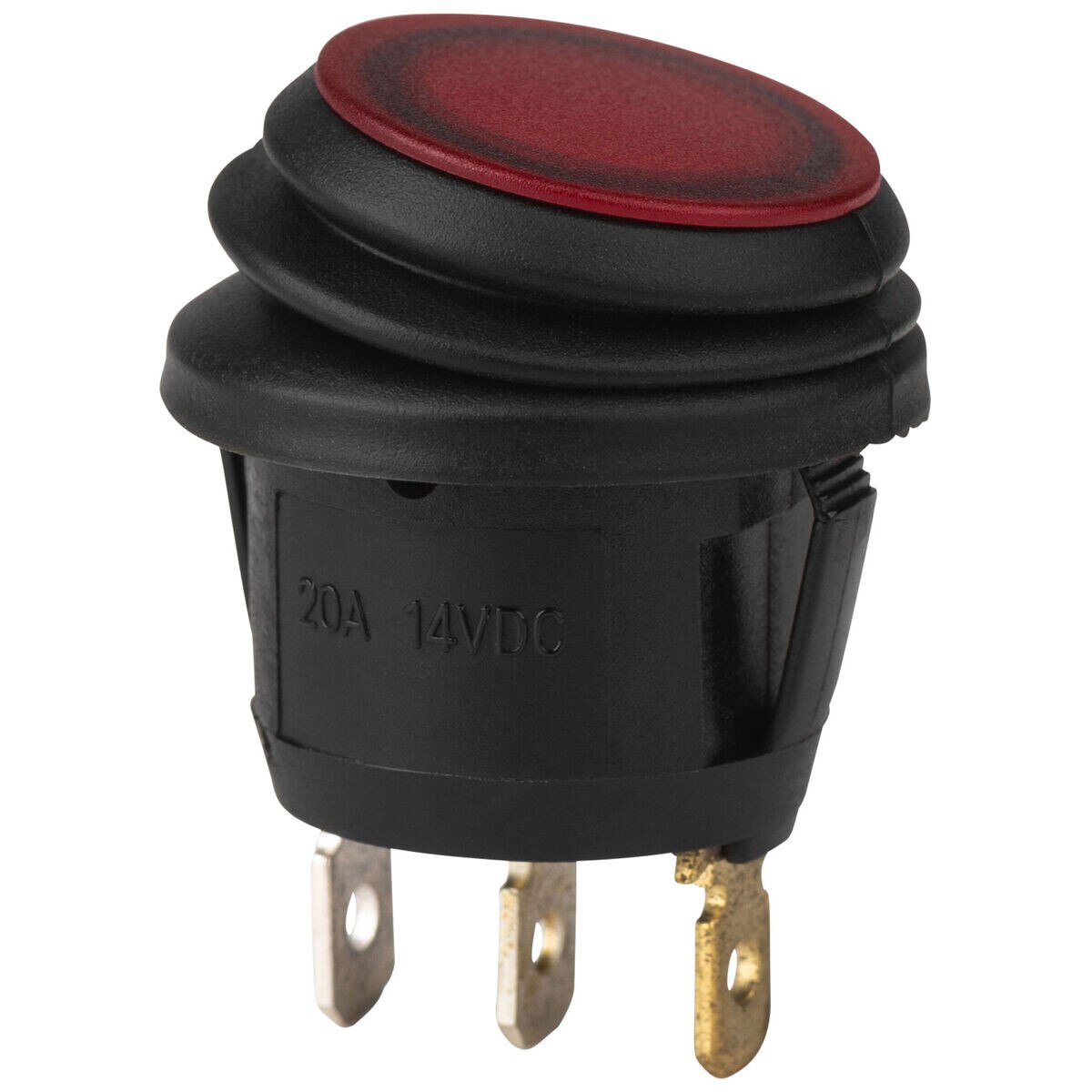 Splash Proof IP65 SnapIn Round 12 VDC Red Illuminated Rocker Switch